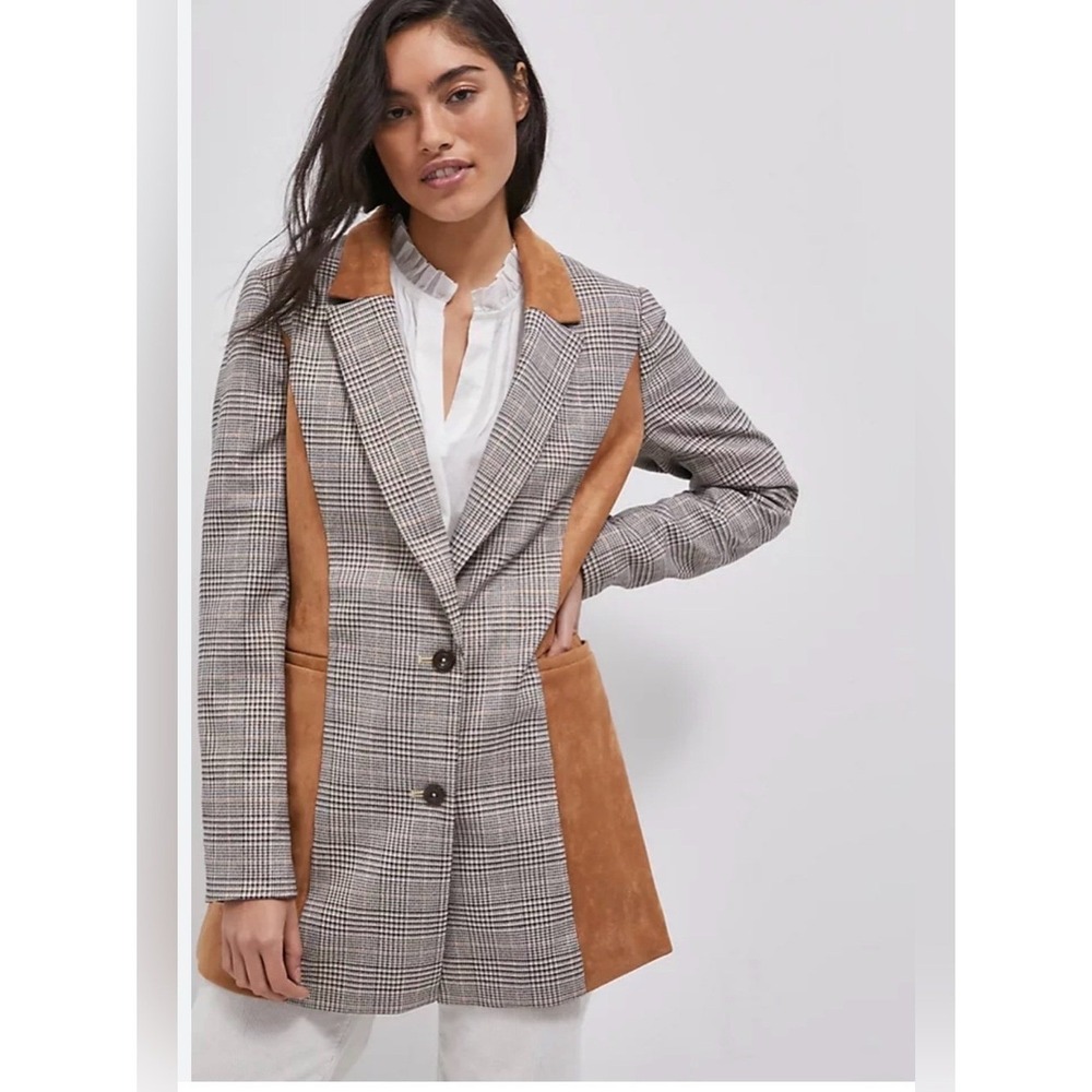 Anthropologie  Harte Plaid  MAEVE Plaid Blazer with Tan Suede Panels‎ Sz 14